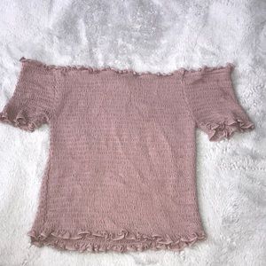 off the shoulder raffle pink shirt